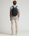 Rear view showcasing Premium Leather Backpack with pebbled texture and zippered compartments.
