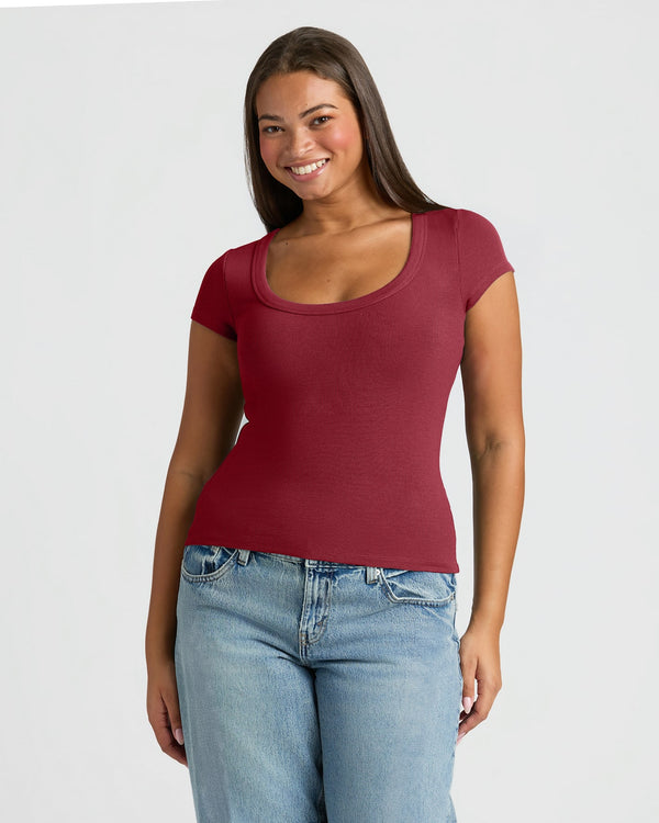 Womens Dark Maroon Ribbed U-Neck Tee worn with light jeans. MODEL_INFO: Jade is 5'9", wearing a size L