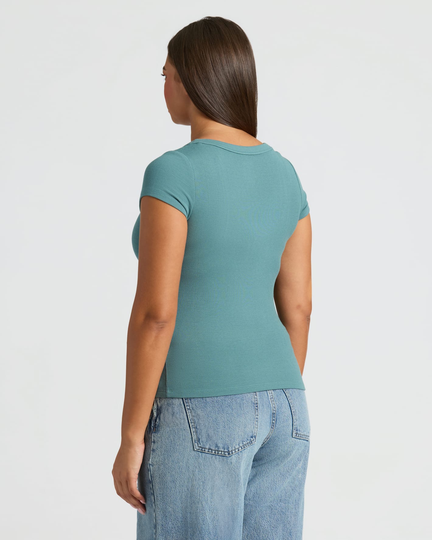Back view of Womens Ribbed U-Neck Tee 6-Pack in teal.