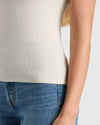 Womens Oatmeal Ribbed U-Neck Tee worn, showcasing ribbed texture and fit.