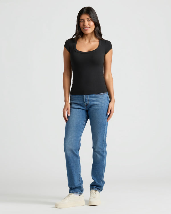 Womens Black Ribbed U-Neck Tee 3-Pack worn with blue jeans.