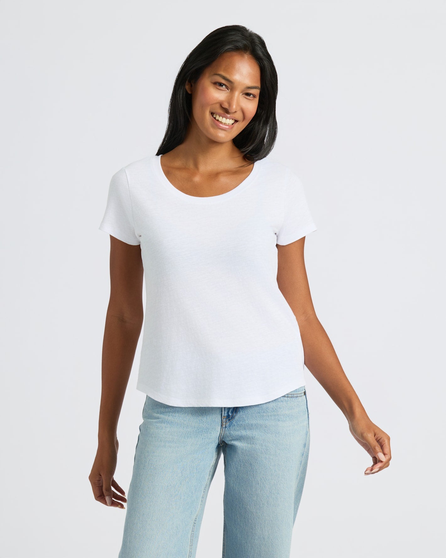 Woman in a Womens White Slub Scoop Neck Tee 2-Pack.