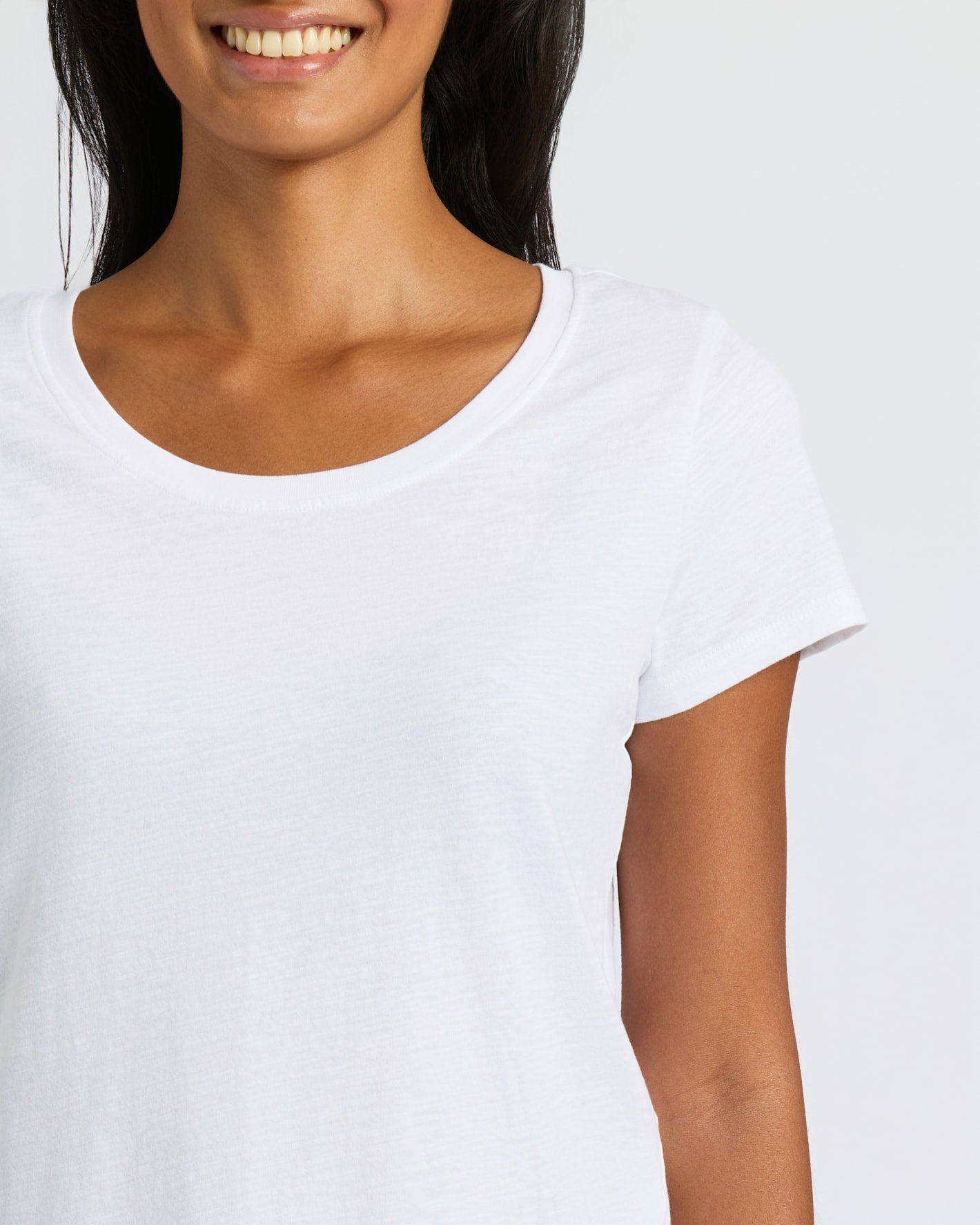 Woman wearing the Womens Black & White Slub Scoop Neck Tee 2-Pack.