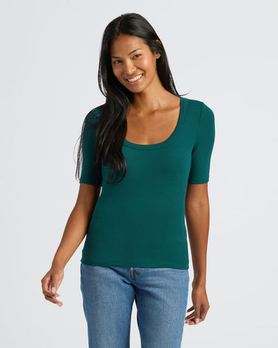 Ribbed 3/4 Sleeve Scoop Neck - Deep Emerald