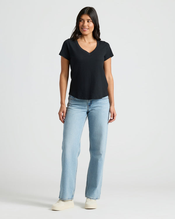 Womens Black & White Relaxed Slub V-Neck Tee 2-Pack worn casually.