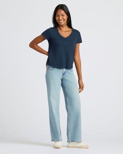 Womens Navy & White Relaxed Slub V-Neck Tee 4-Pack