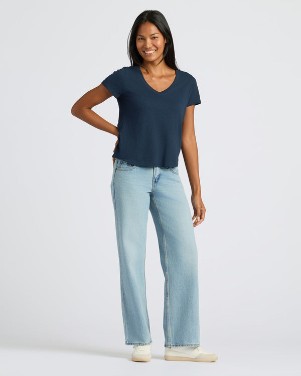Woman in Womens Navy & White Relaxed Slub V-Neck Tee 4-Pack.