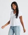 Womens White Relaxed Slub V-Neck Tee 4-Pack, worn by a smiling woman.