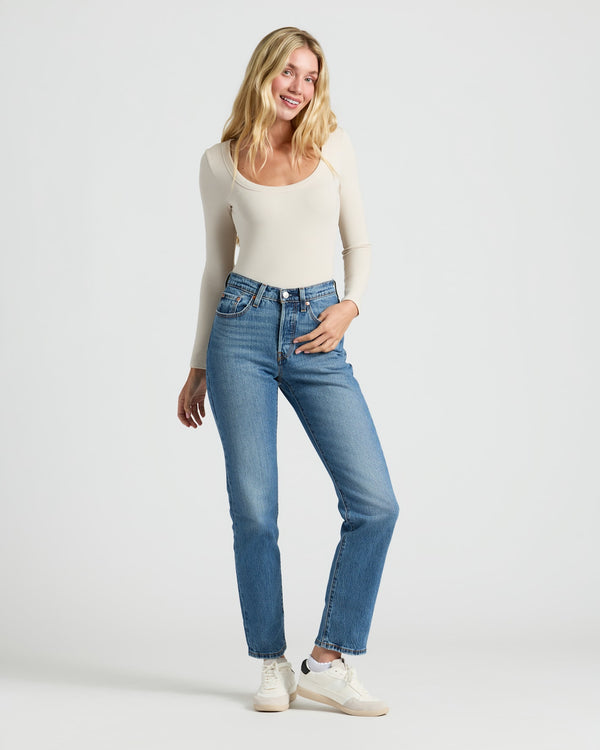 Young woman in Womens Oatmeal Ribbed Long Sleeve Scoop Neck Tee.