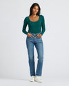 Model wearing Womens Deep Emerald Ribbed Long Sleeve Scoop Neck Tee.