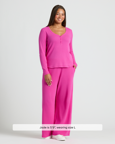 Waffle Long Sleeve Boxy Henley - Electric Fuchsia