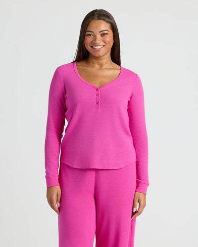 Waffle Long Sleeve Boxy Henley - Electric Fuchsia