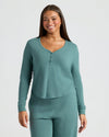 Woman in Womens Stormcloud Waffle Long Sleeve Henley & Waffle Leg Pant.