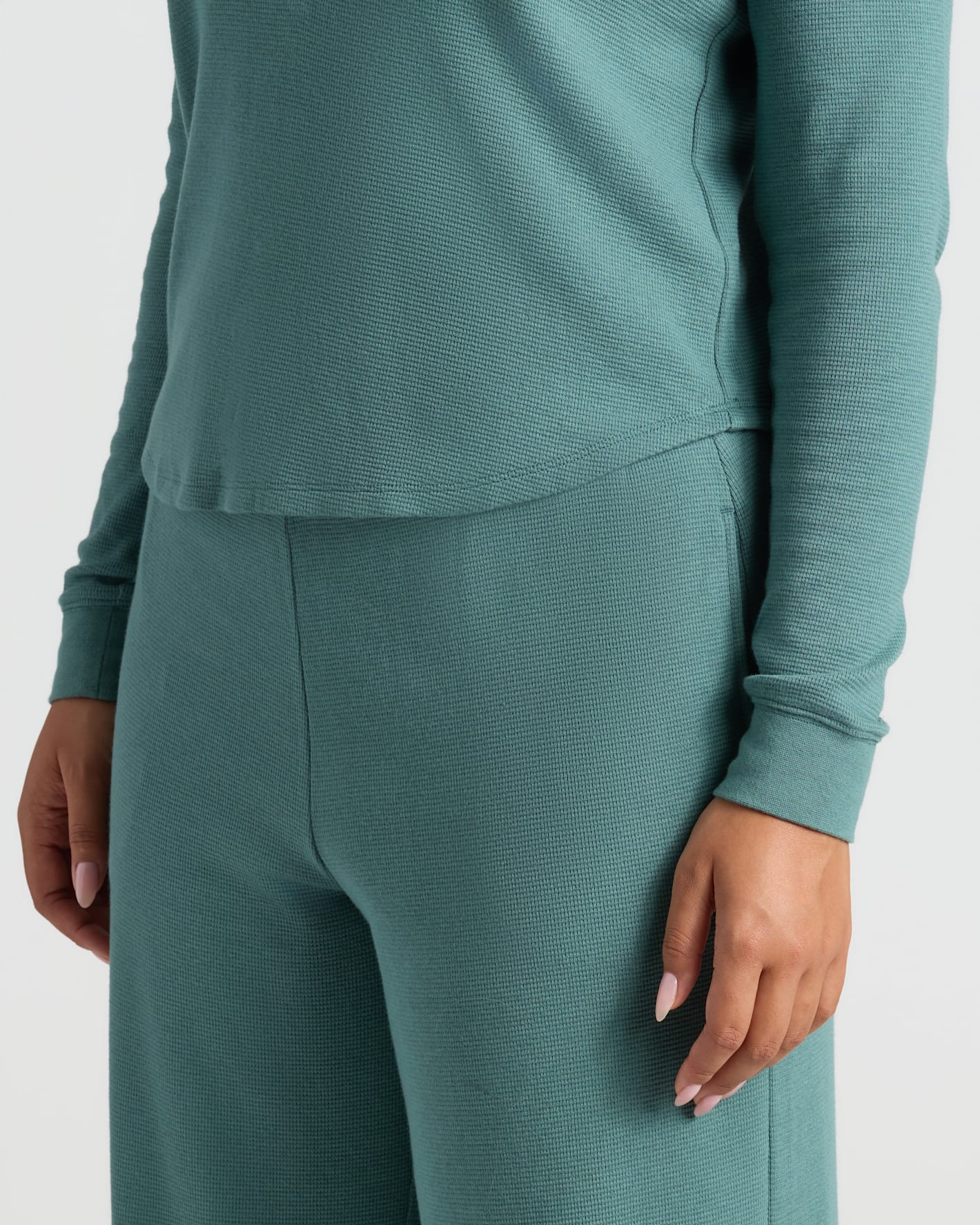 Womens Stormcloud Waffle Long Sleeve Boxy Henley with wide-leg pants.