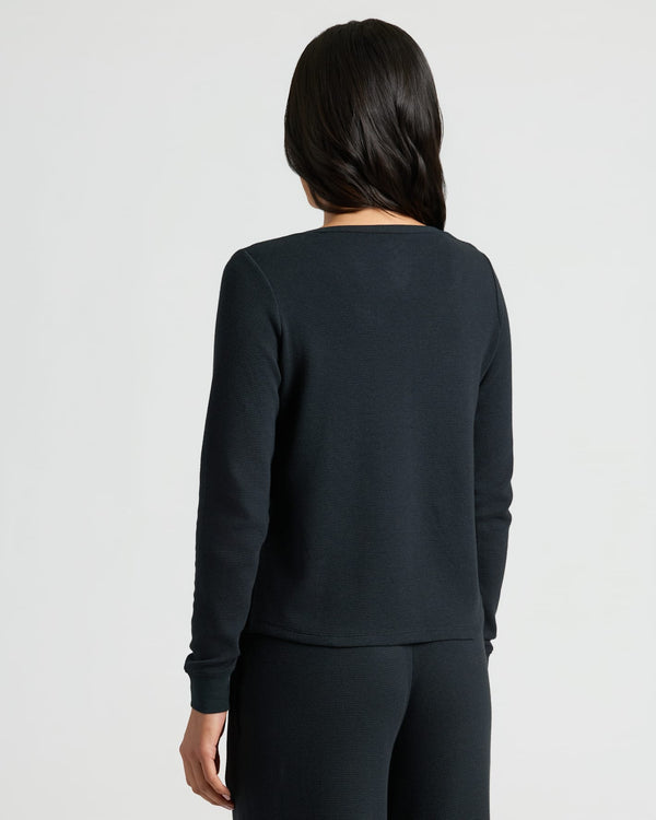 Womens Black Waffle Long Sleeve Henley & Waffle Leg Pant 2-Pack worn from behind.