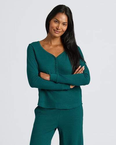 Waffle Long Sleeve Boxy Henley - Deep Emerald