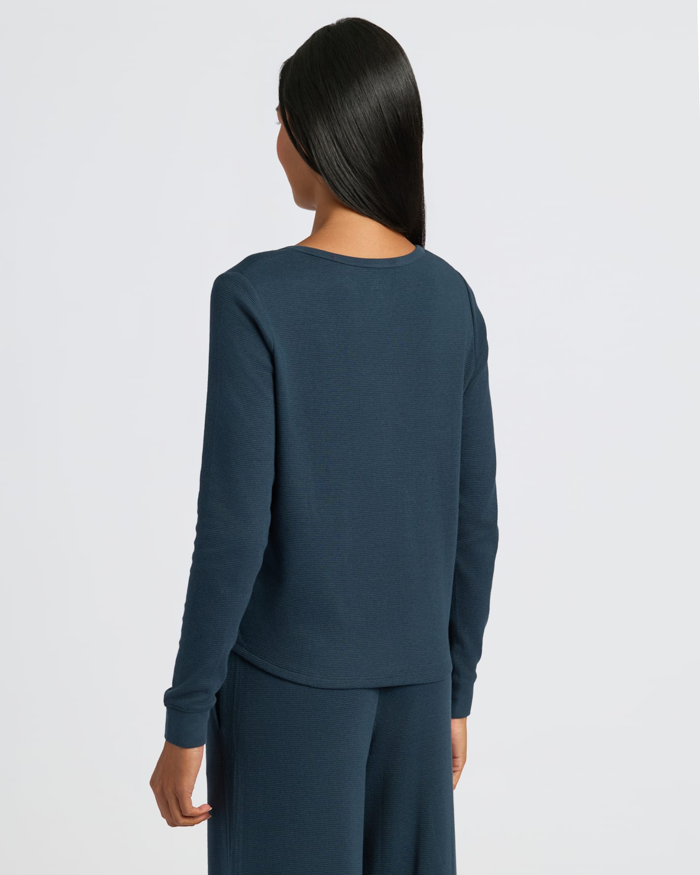 Womens Navy Waffle Long Sleeve Henley & Waffle Leg Pant 2-Pack worn from back.