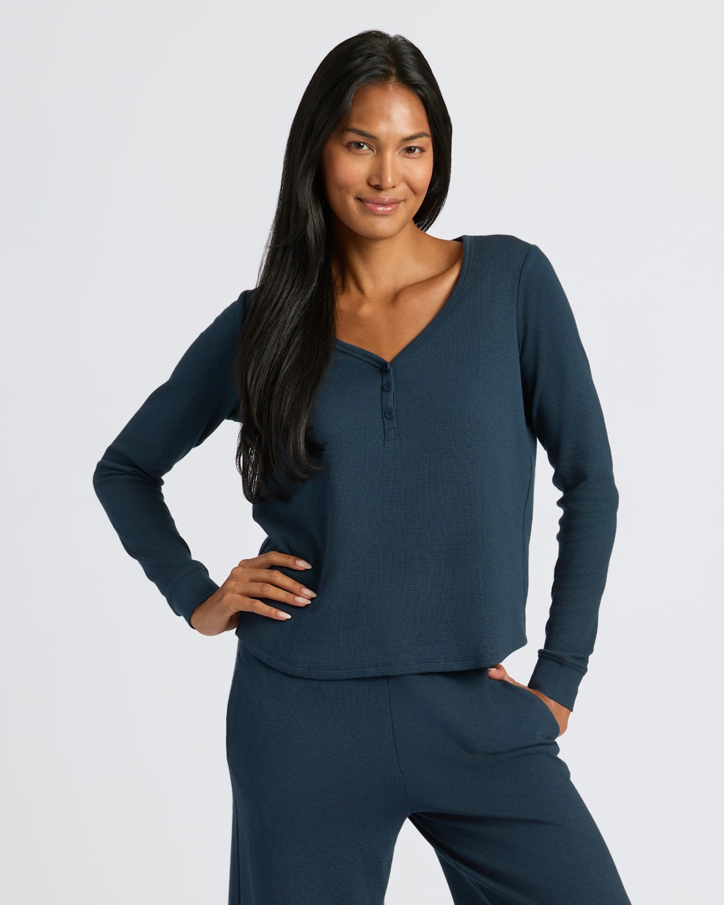 Womens Navy Waffle Long Sleeve Boxy Henley - True Classic