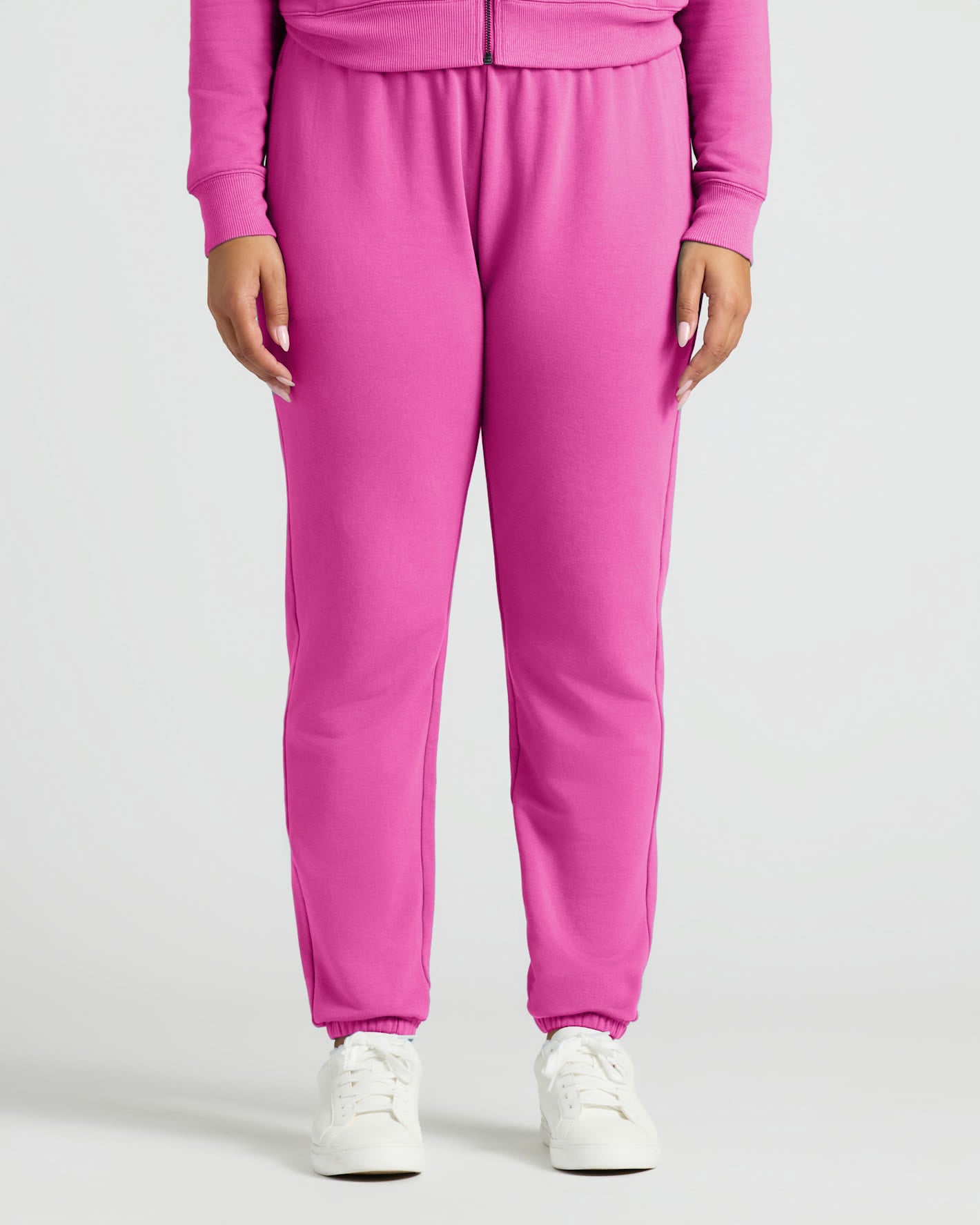 Womens Electric Fuchsia Slouch Pullover Crew & Relaxed Jogger with sneakers.