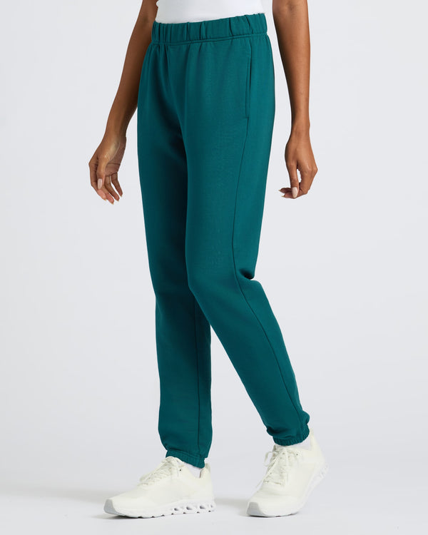 Womens Deep Emerald Slouch Pullover Crew & Relaxed Jogger, teal-green joggers, white tank.