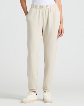 Womens Oatmeal Slouch Pullover Crew & Relaxed Jogger 2-Pack modeled.