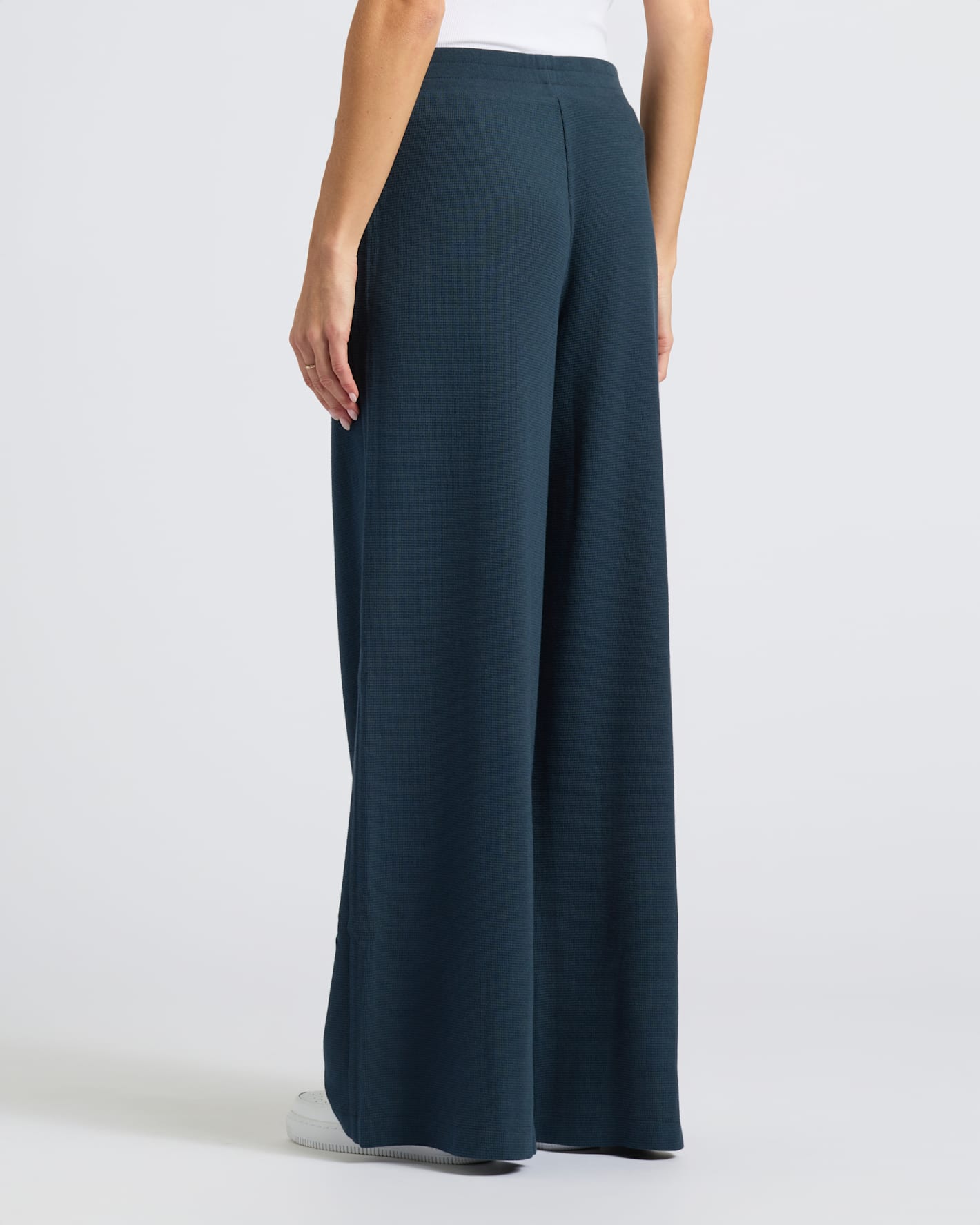 Womens Navy Waffle Leg Pant, wide-leg knit, elastic waist.
