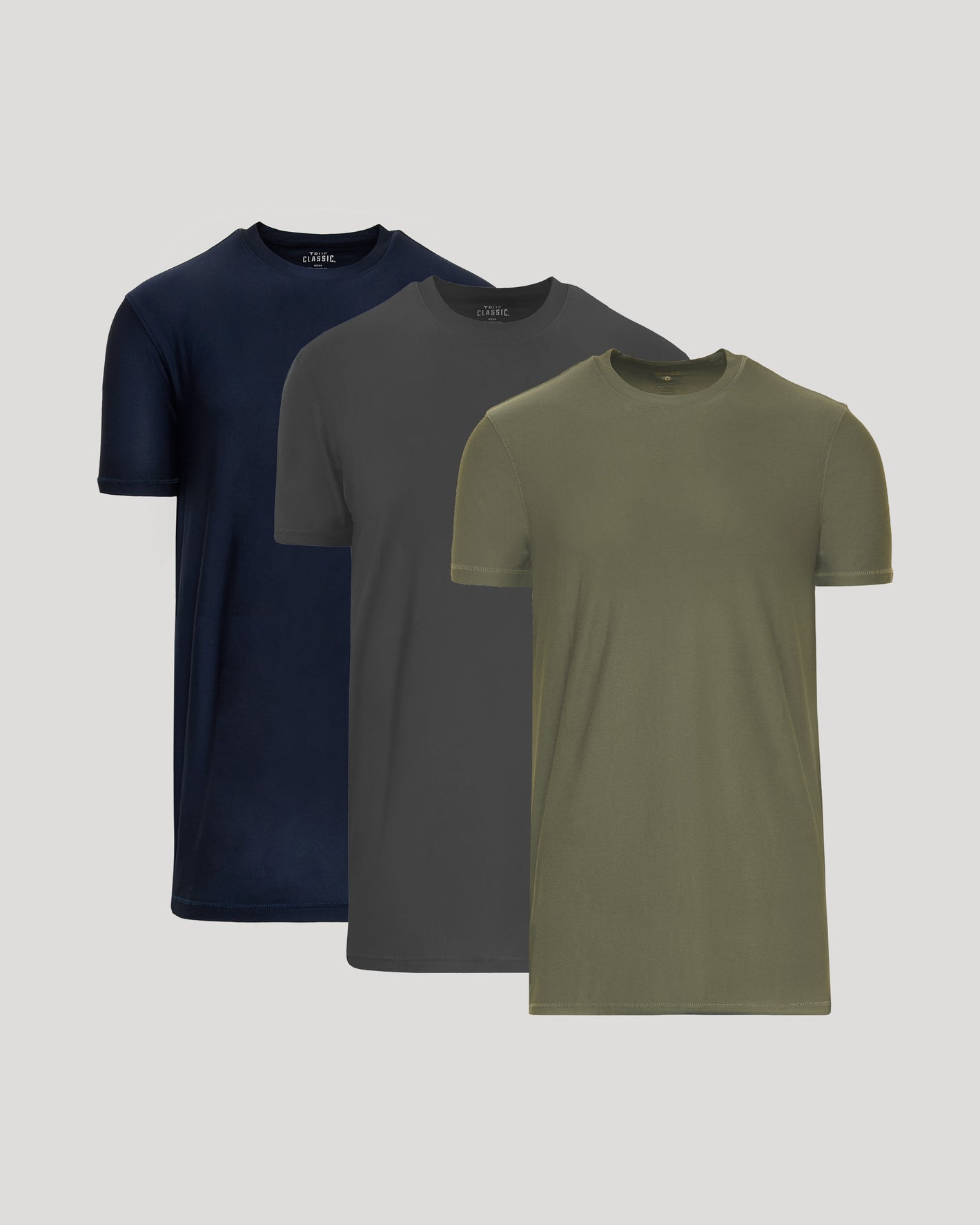 Tall Active Crew 3-Pack T-shirts in olive, charcoal, and navy.
