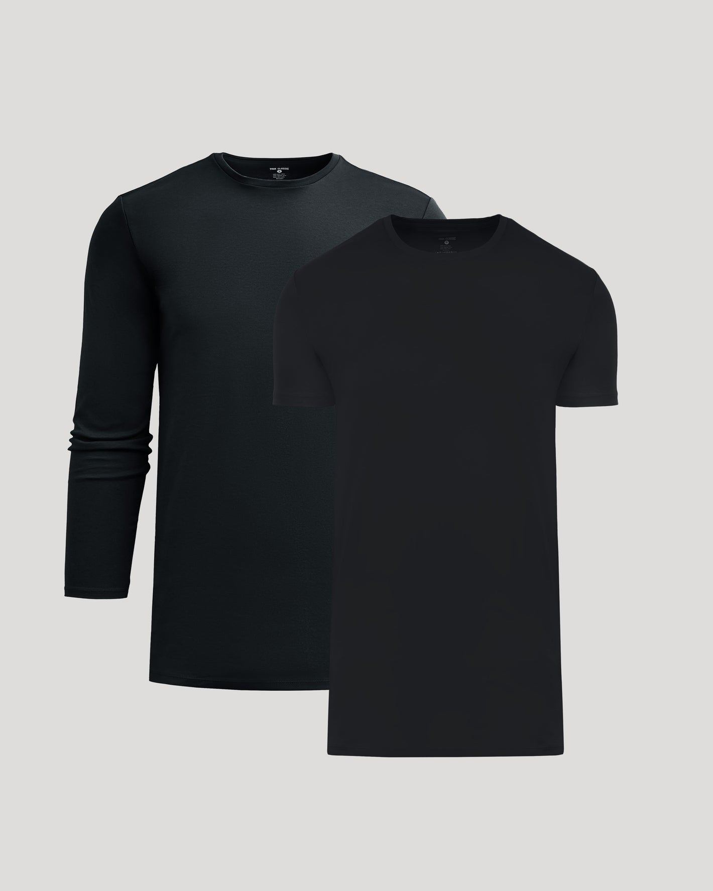 Tall Pima Variety 2-Pack: black long and short-sleeve crew-neck shirts.