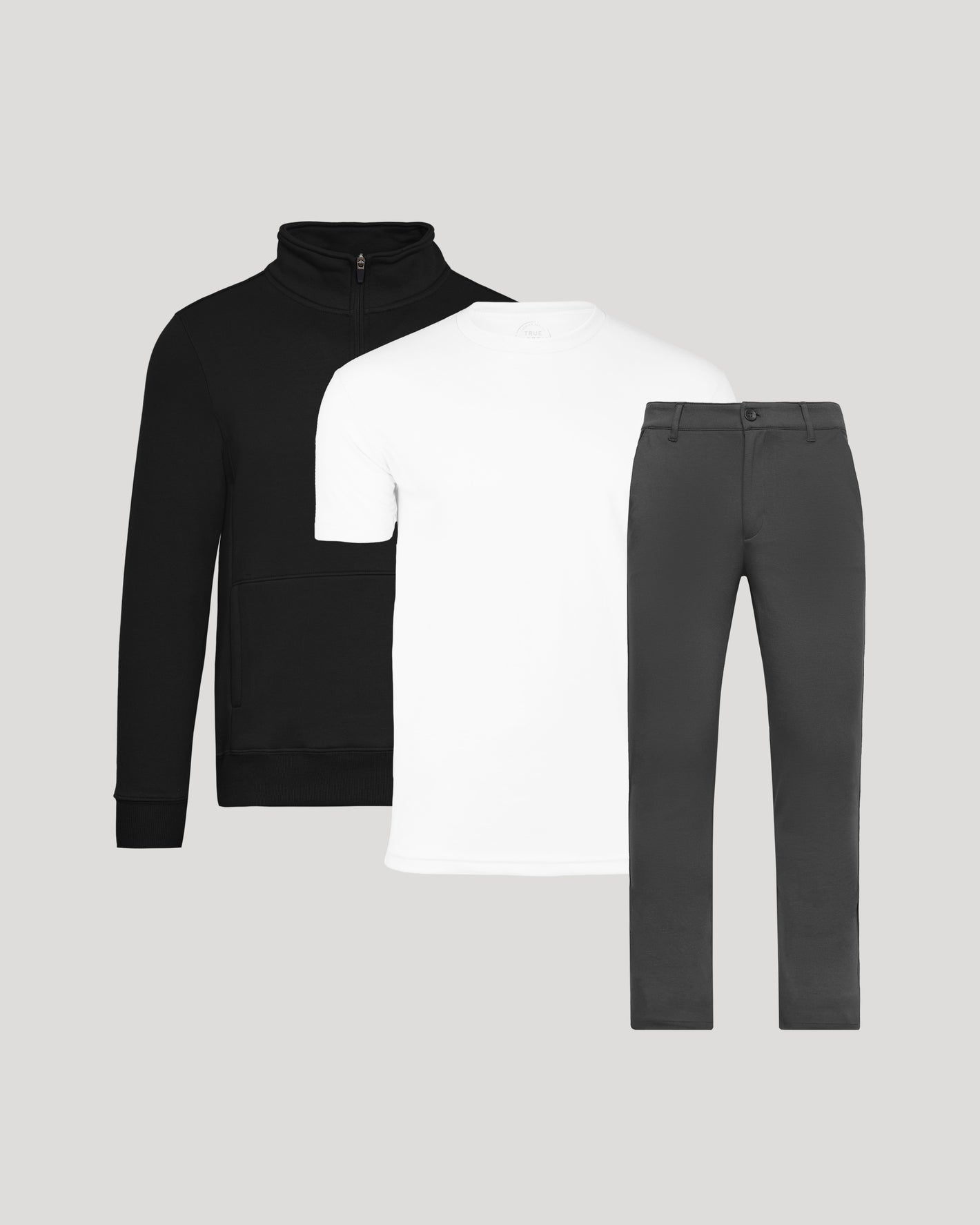 The Fleece Fit 3-Pack: pullover, T-shirt, charcoal chinos.