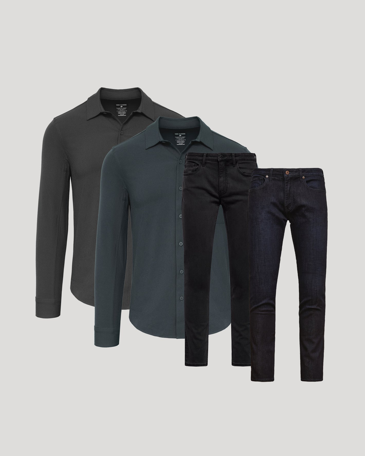 The Refined Ripstop Look: two shirts, two jeans ensemble.