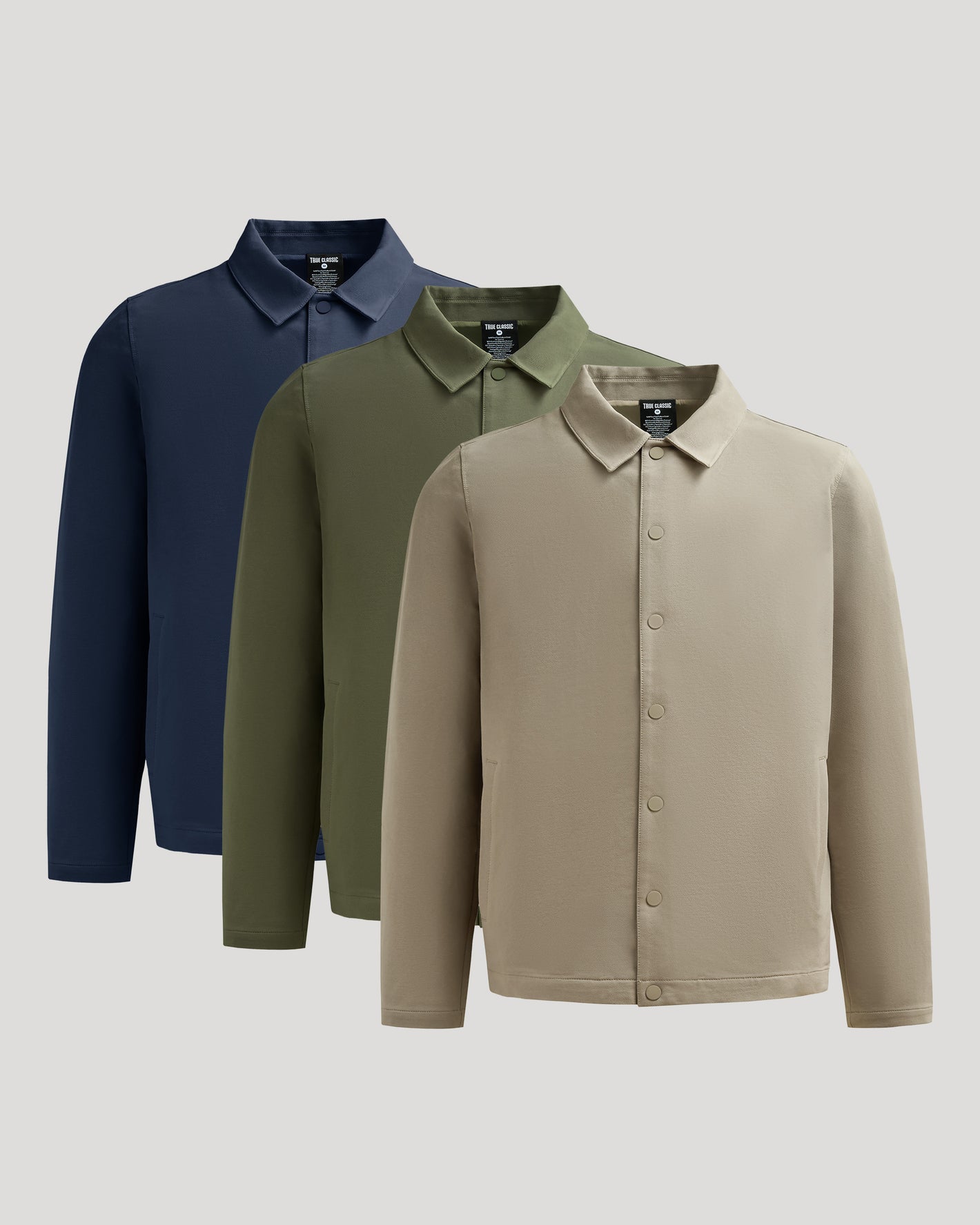 Timeless Casual Jacket 3-Pack: tan, olive, navy coaches-style overshirts.