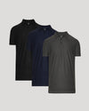 Three men's polos in black, navy, and dark gray showcasing the Tall Active Polo - Men's Performance Stretch Polo Shirt - Moisture Wicking Athletic Fit with a classic collar and short sleeves.