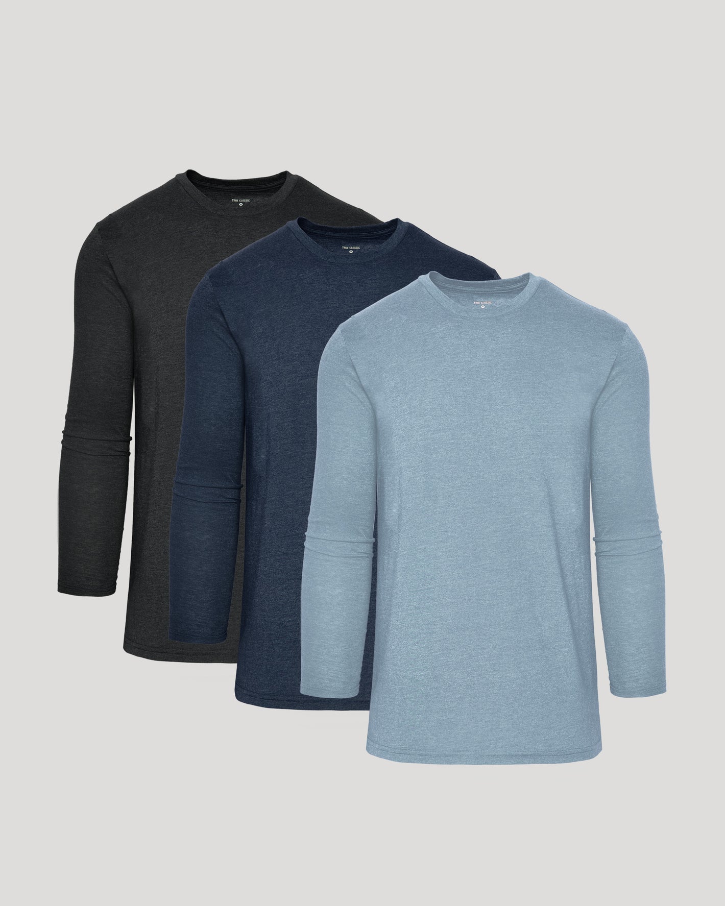 Timeless Tall Long Sleeve T-Shirt 3-Pack displayed in charcoal, navy, and light blue.