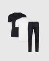 Trial Crew & Indigo Wash Straight Comfort Stretch Jeans bundle: black and white T-shirts, dark-wash jeans.