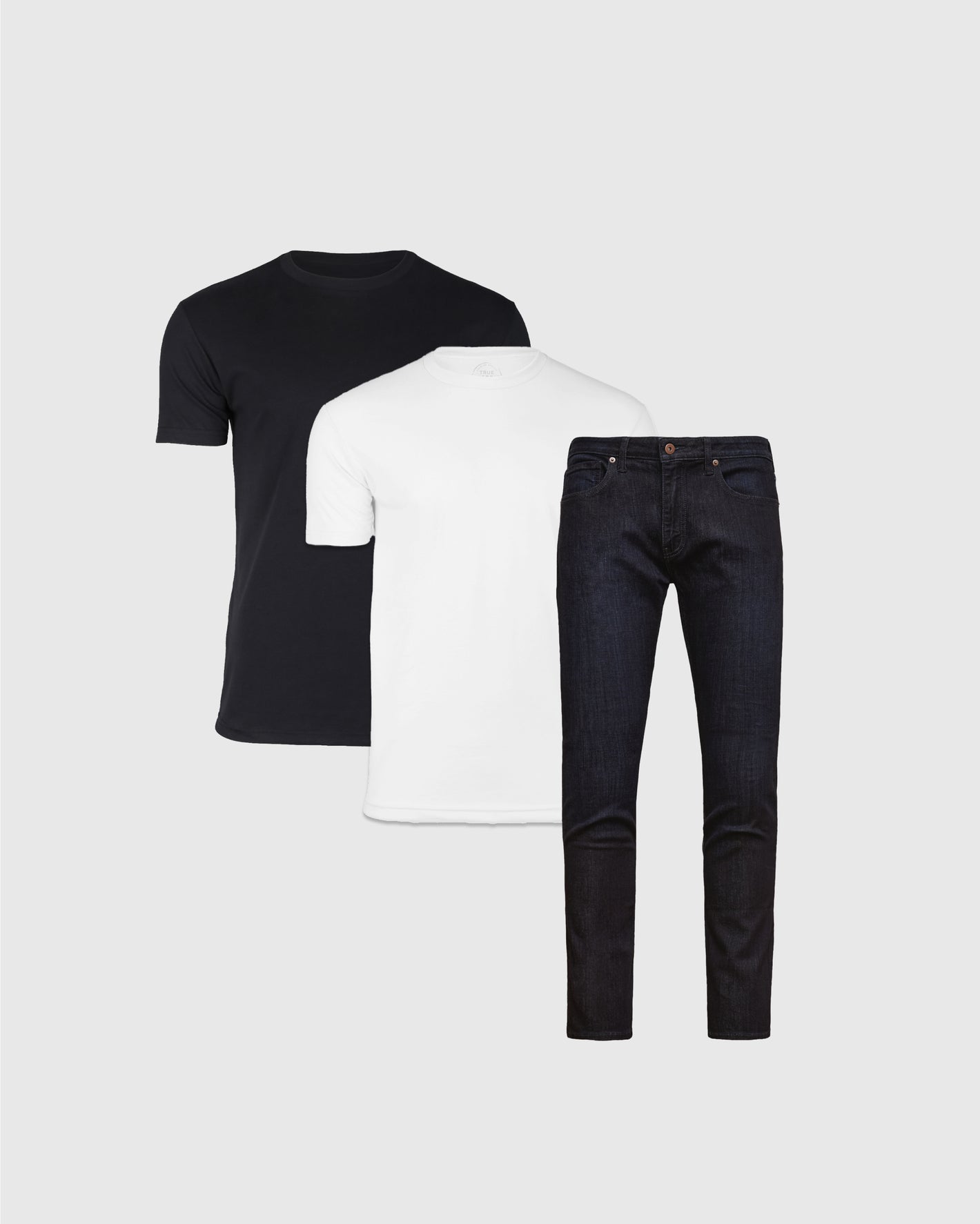 Trial Crew & Indigo Wash Straight Comfort Stretch Jeans bundle: black and white T-shirts, dark-wash jeans.