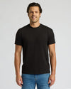 Man wearing a black t-shirt and blue jeans on a gray background