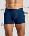 Man wearing Navy Boxer Trunks 3-Pack showcasing fly-less 3D pouch.