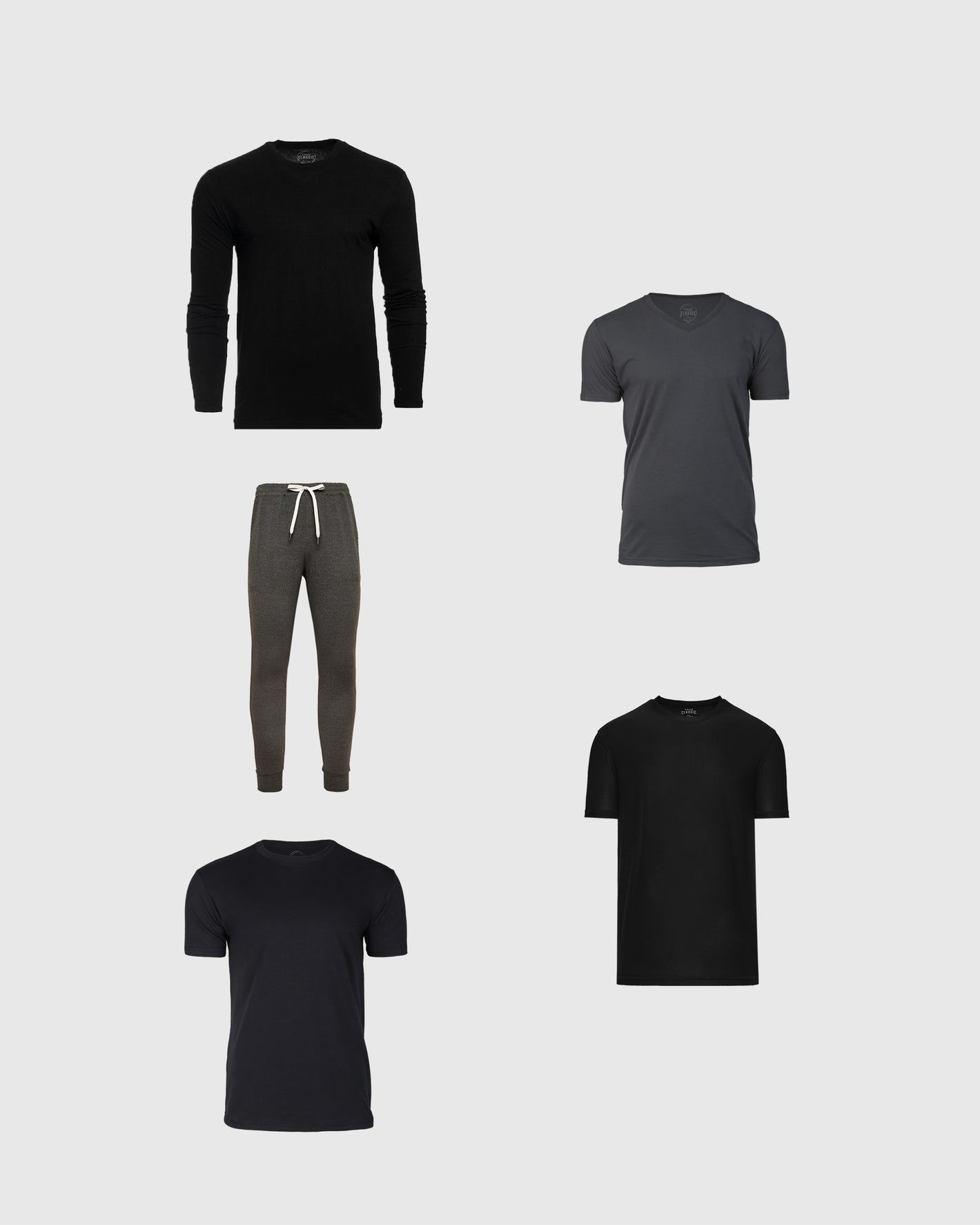 Try 1 Of Everything 5-Pack: casual black and charcoal apparel set.