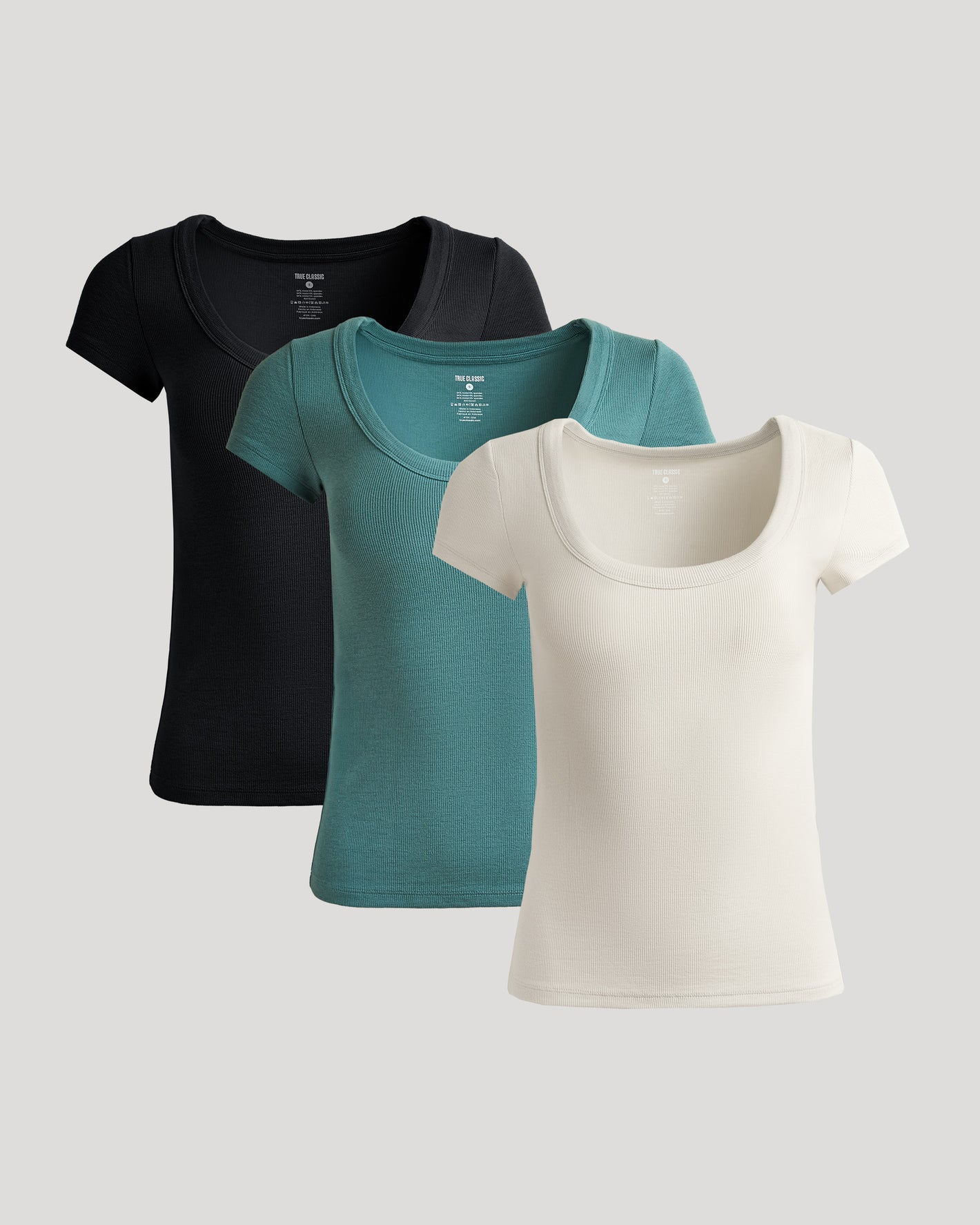 Womens Ribbed U-Neck Tee 3-Pack in black, teal, and cream.