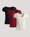 Womens Ribbed U-Neck Tee 3-Pack in black, burgundy, and cream.