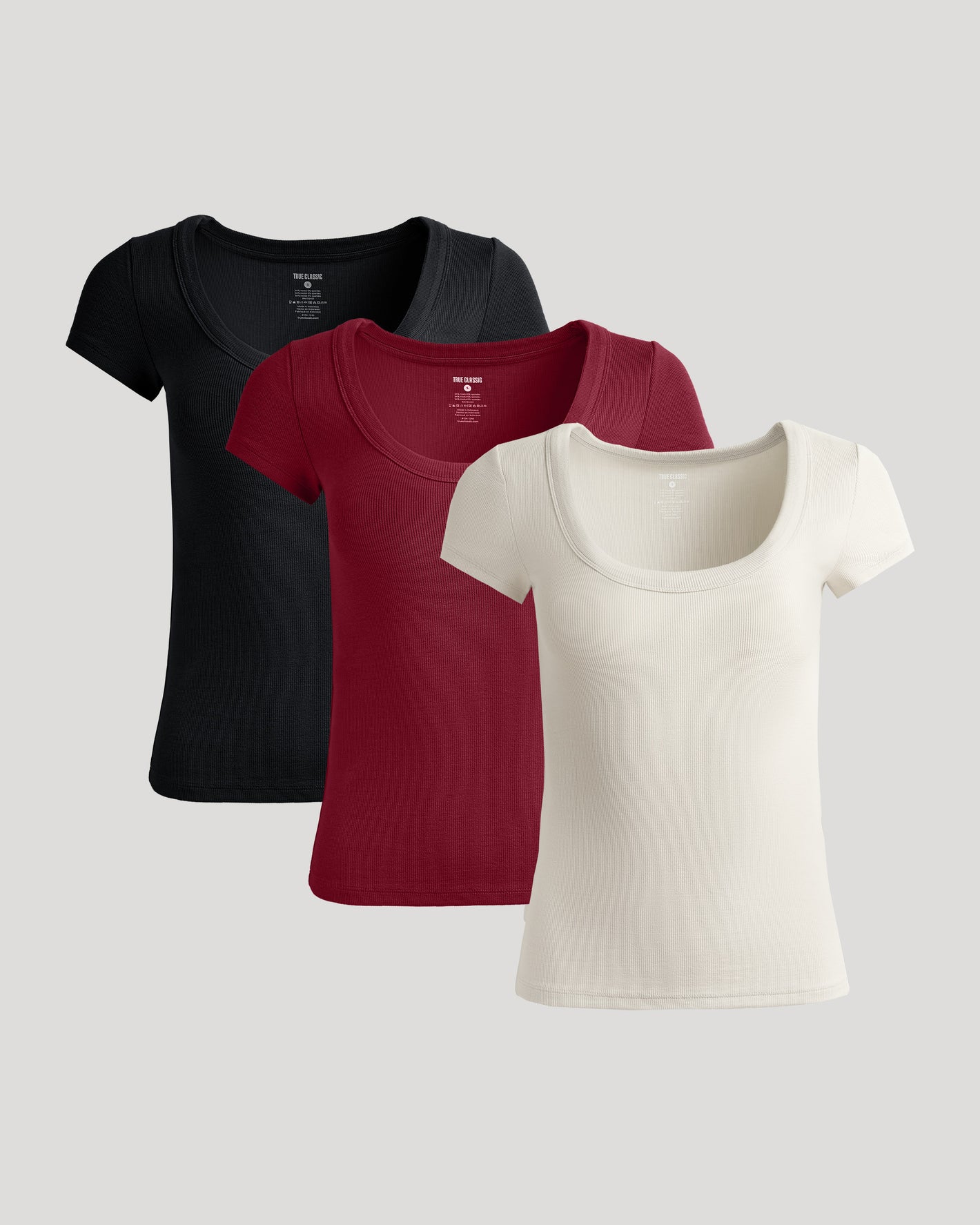 Womens Ribbed U-Neck Tee 3-Pack in black, burgundy, and cream.