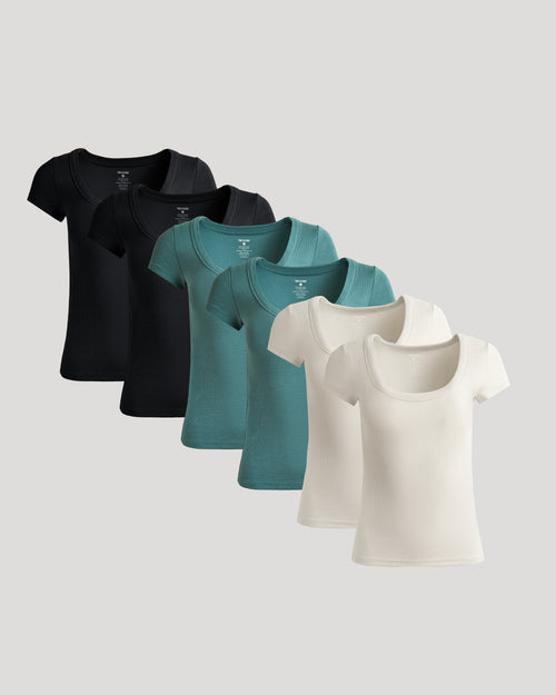 Womens Ribbed U-Neck Tee 6-Pack, soft ribbed knit, scoop-neck design.