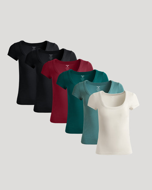 Womens Ribbed U-Neck Tee 6-Pack, showcasing soft, stretchy scoop-neck tees.