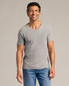 Man wearing Heather Gray V-Neck T-Shirt from Short Sleeve Variety 9-Pack.
