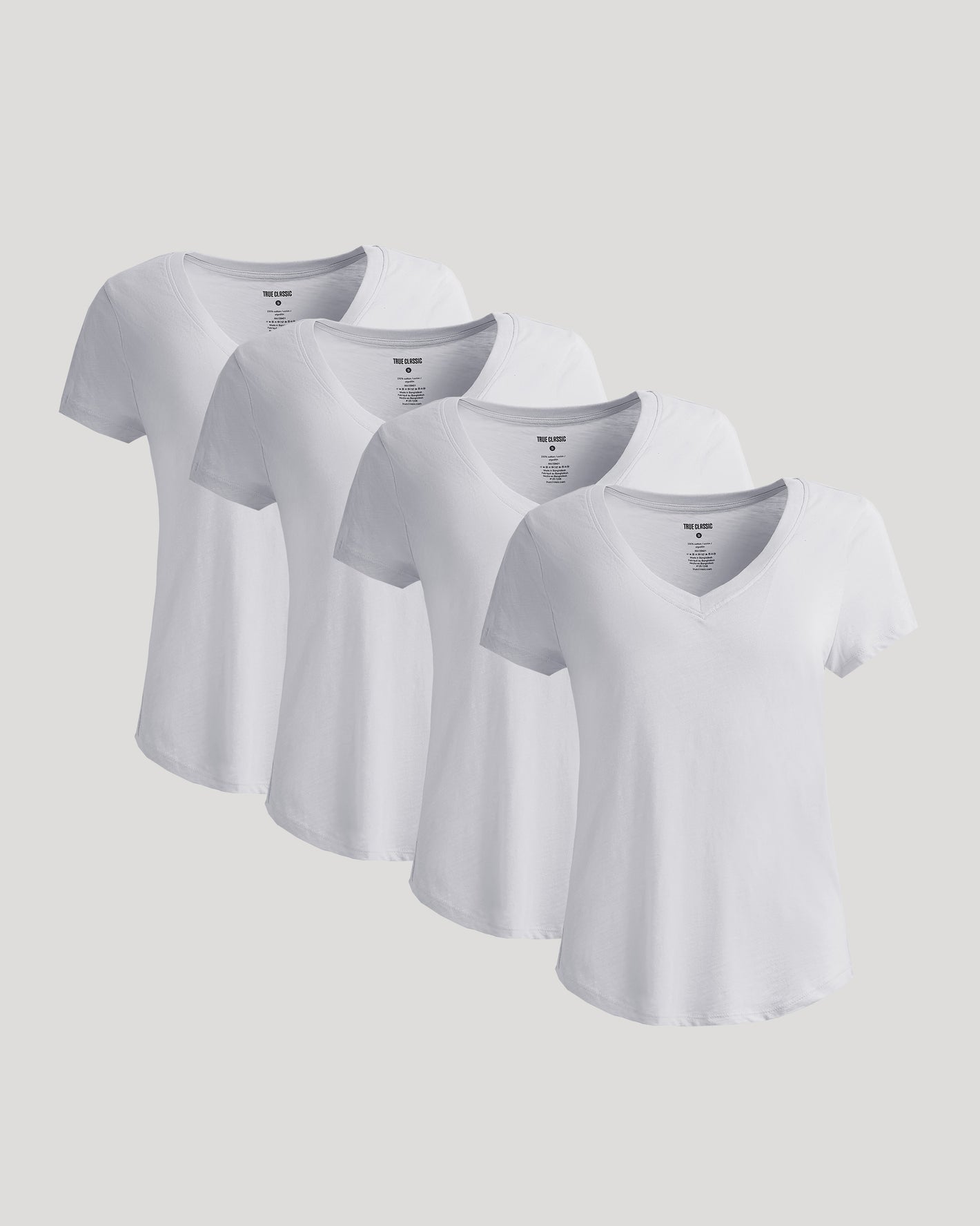 Womens White Relaxed Slub V-Neck Tee 4-Pack displayed side by side.