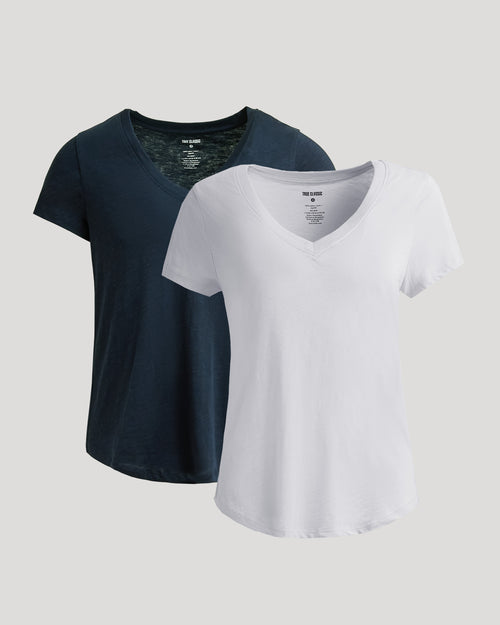 Womens Navy & White Relaxed Slub V-Neck Tee 2-Pack layered display.