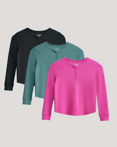 True ClassicGirls Long Sleeve Boxy Waffle Henley 3-Pack overlapping in black, teal, pink.