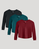 Girls Long Sleeve Boxy Waffle Henley 3-Pack
