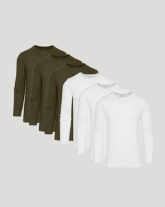 True ClassicWaffle Long Sleeve Henley 6-Pack, olive-green and white shirts with button placket.