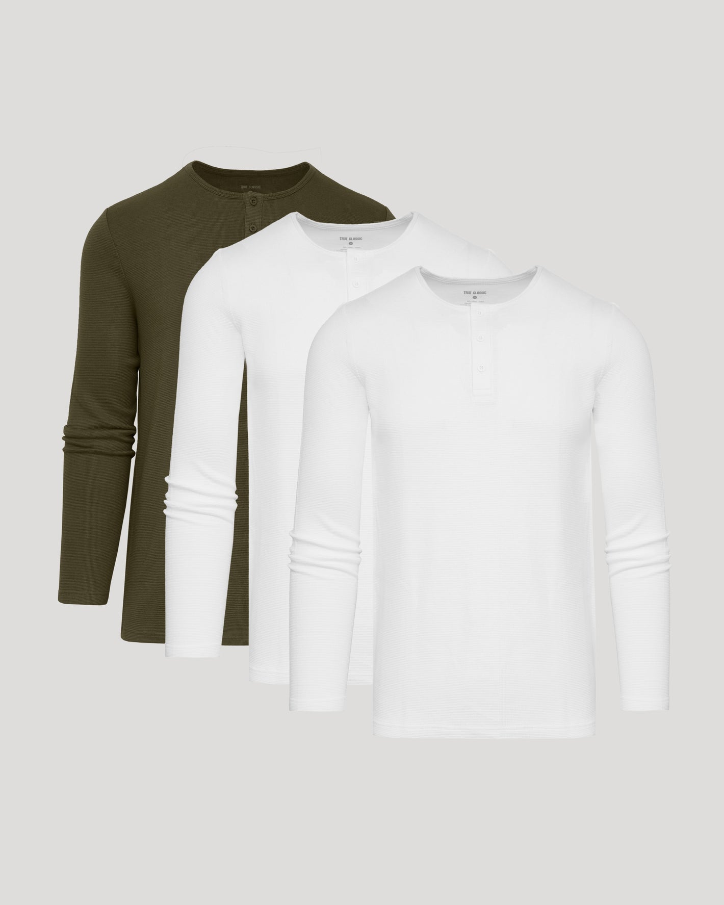 Waffle Long Sleeve Henley 3-Pack with buttoned placket displayed.
